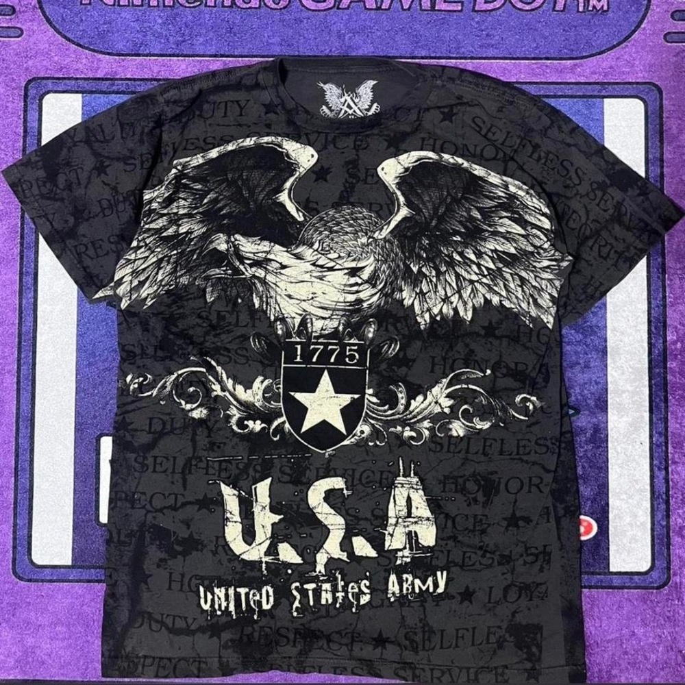 Y2K medium Black & grey streetwear USA skater graphic tee w front and back hit